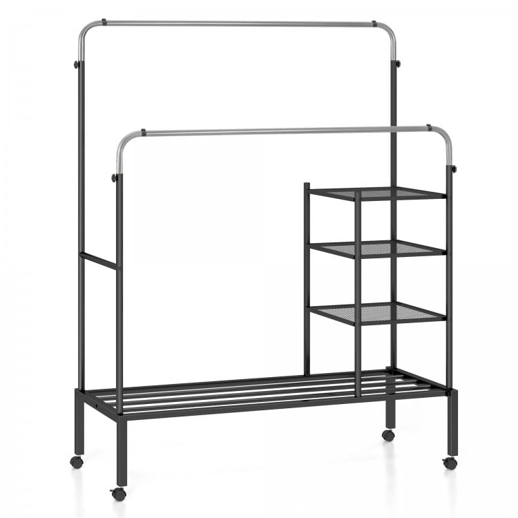 Rolling Double Rods Garment Rack with Height Adjustable Hanging Bars-Silver