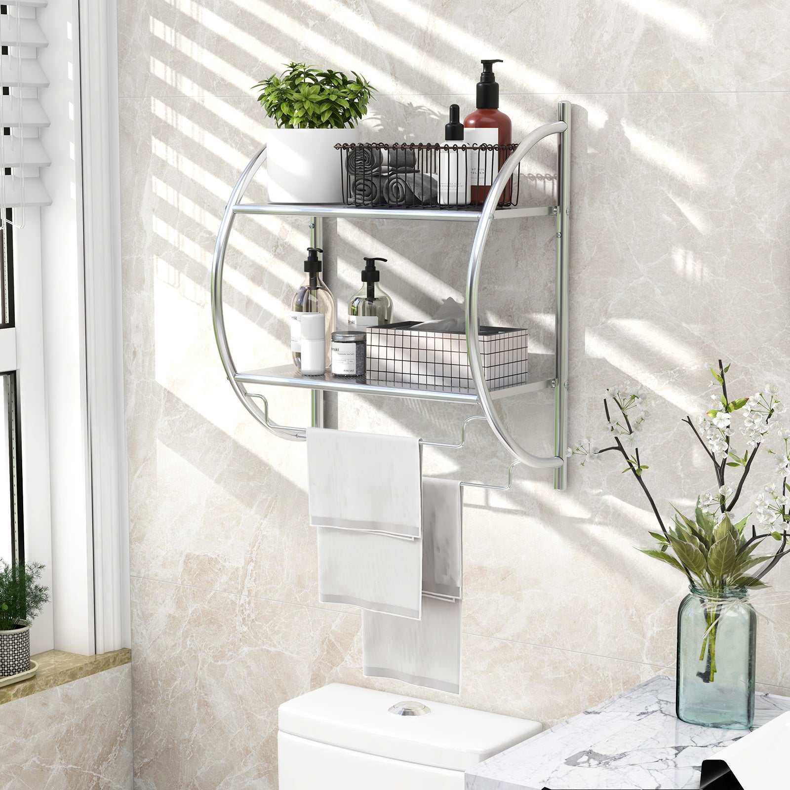 Wall Mounted 2-Tier Bathroom Towel Rack with 2 Towel Bars-SilverÂ