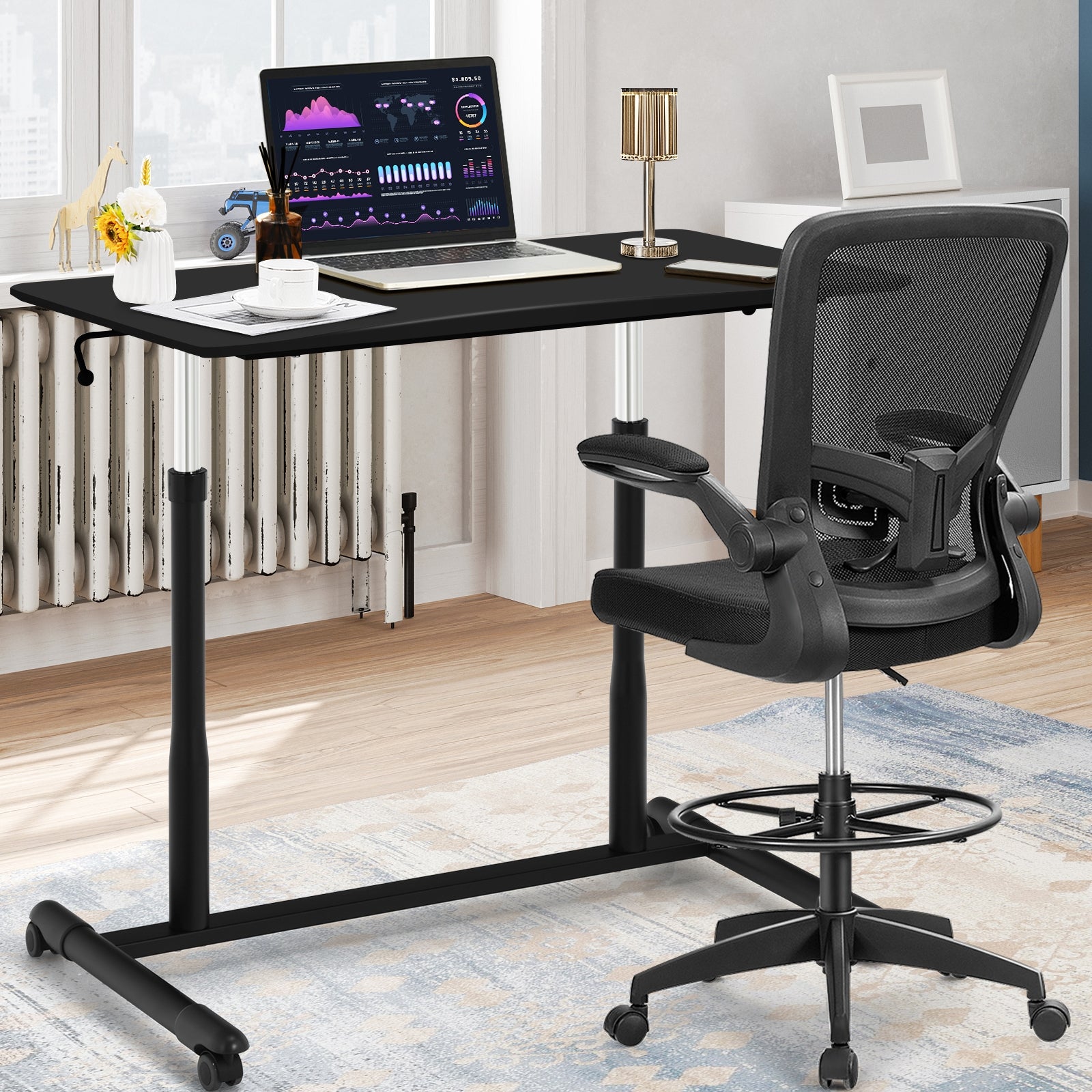 Height Adjustable Computer Desk Sit to Stand Rolling Notebook Table -BlackÂ