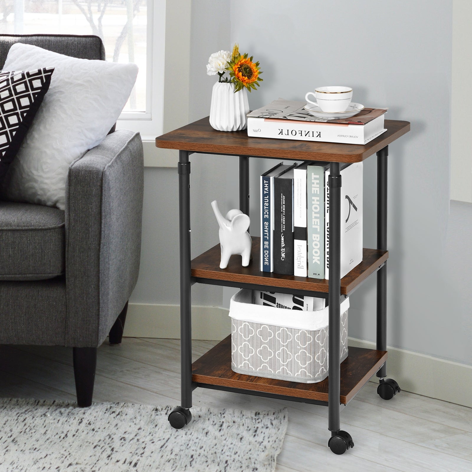 3-tier Adjustable Printer Stand with 360° Swivel Casters-BrownÂ