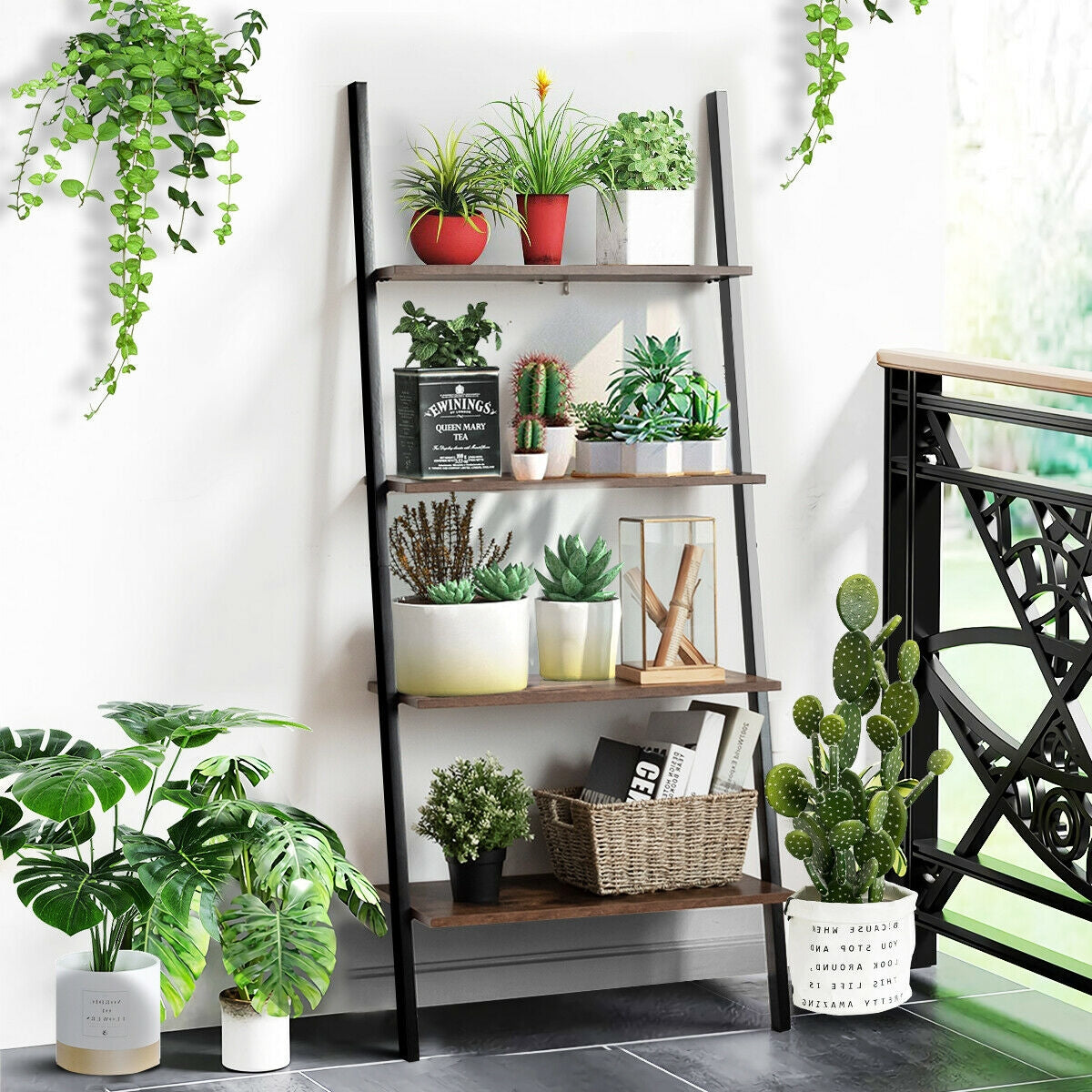 Multipurpose 4-Tier Industrial Leaning Wall Bookcase with Metal Frame-BrownÂ