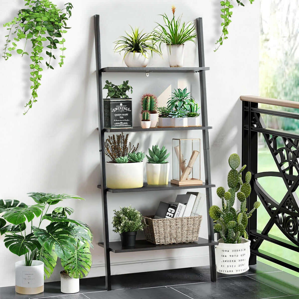 4-Tier Industrial Leaning Wall Bookcase-BlackÂ