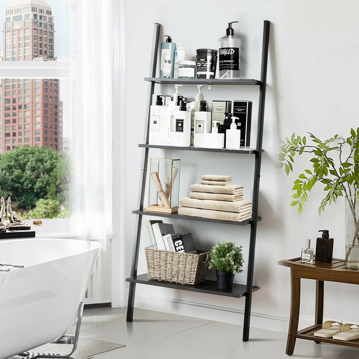 4-Tier Industrial Leaning Wall Bookcase-BlackÂ