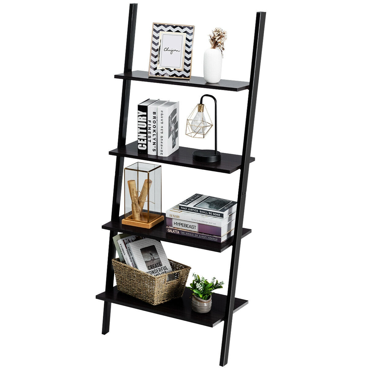 4-Tier Industrial Leaning Wall Bookcase-BlackÂ