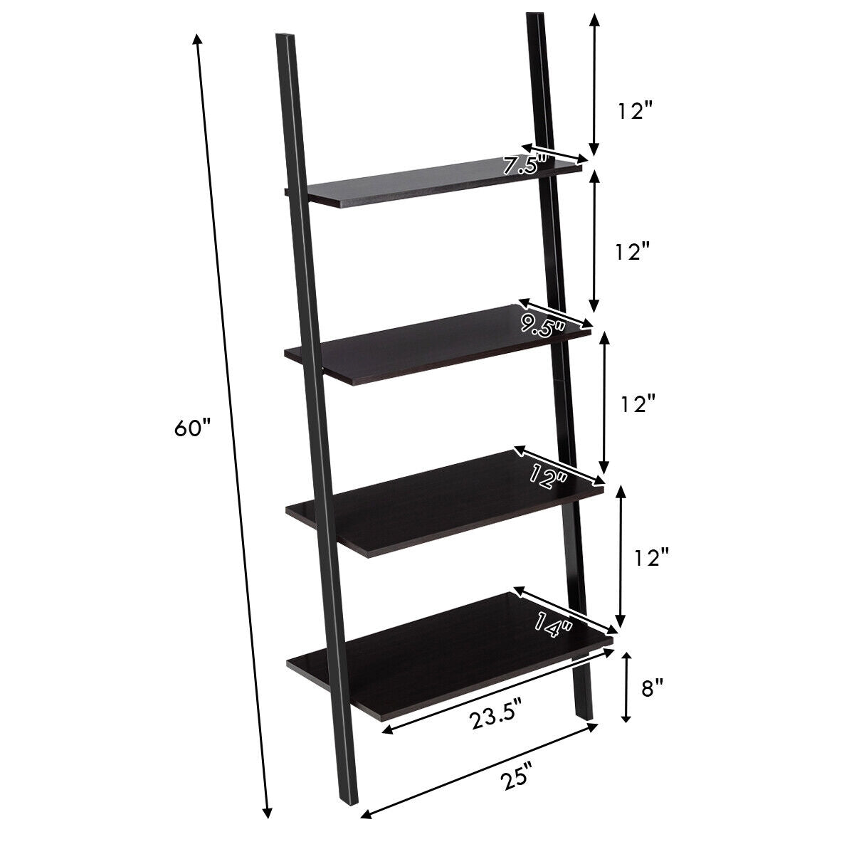 4-Tier Industrial Leaning Wall Bookcase-BlackÂ