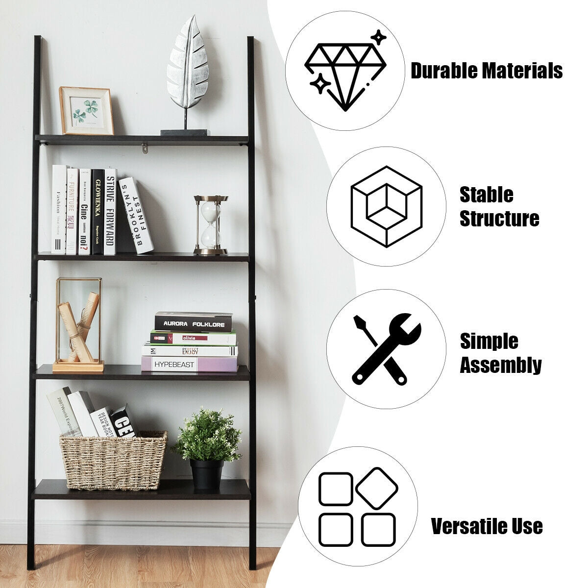 4-Tier Industrial Leaning Wall Bookcase-BlackÂ