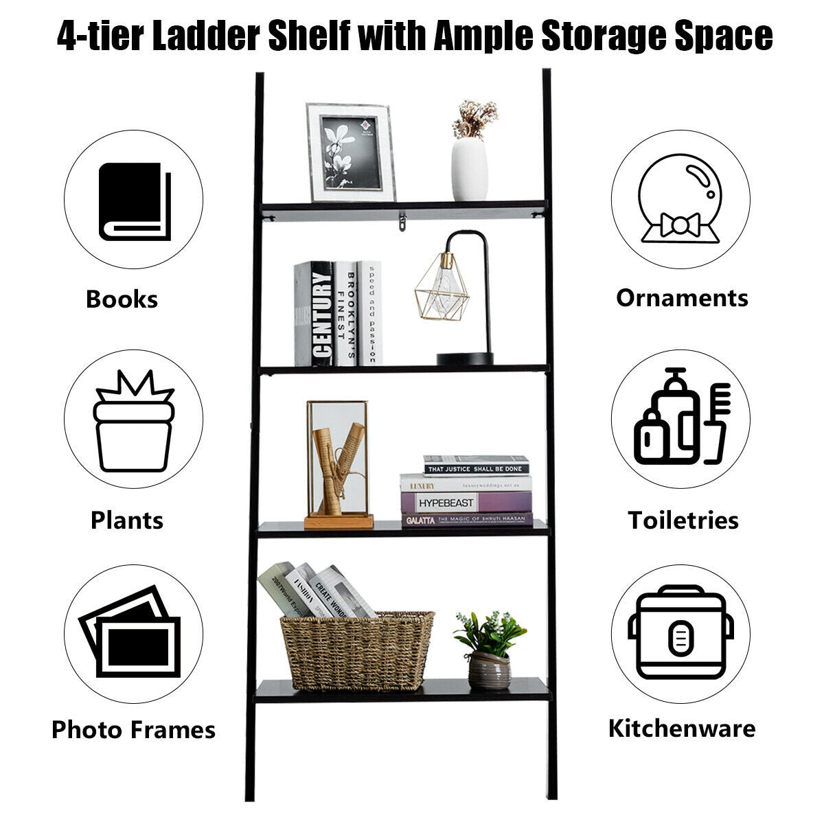 4-Tier Industrial Leaning Wall Bookcase-BlackÂ