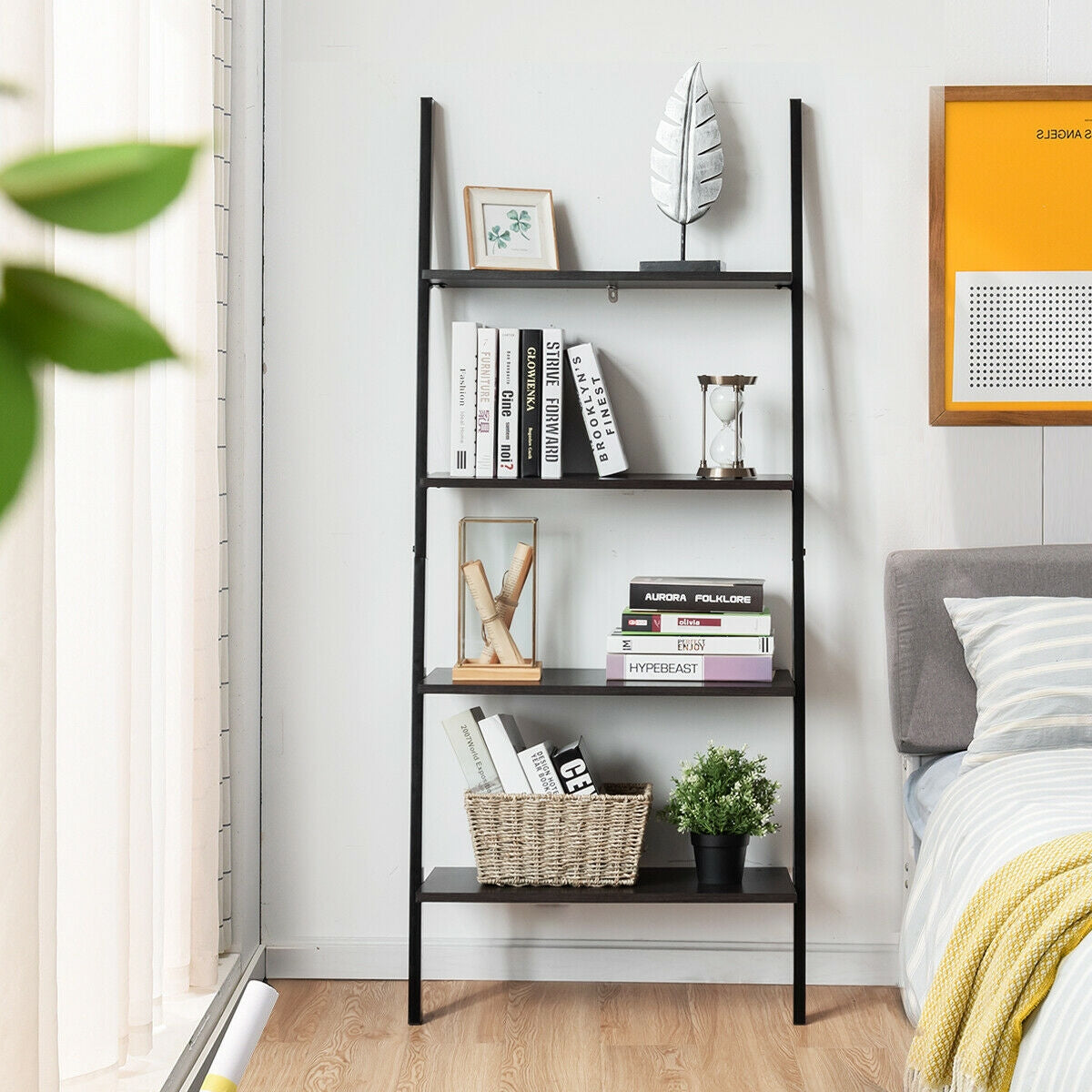 4-Tier Industrial Leaning Wall Bookcase-BlackÂ