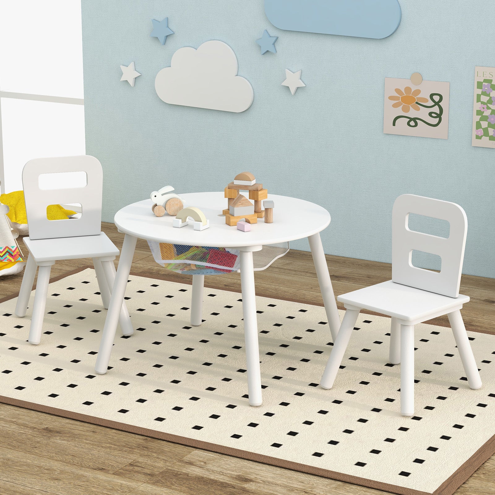 Wood Activity Kids Table and Chair Set with Center Mesh Storage-WhiteÂ