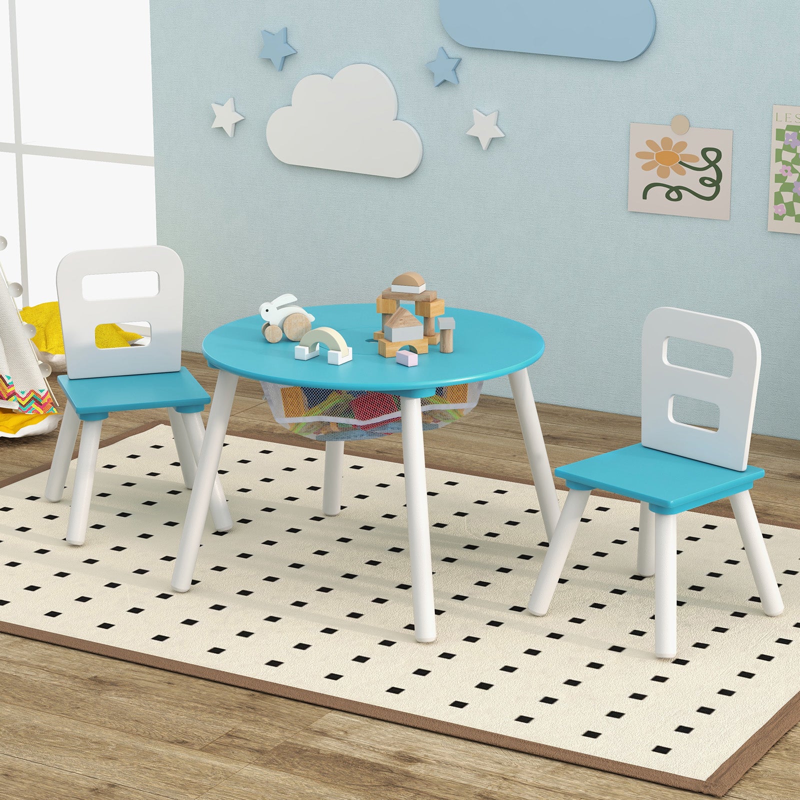 Wood Activity Kids Table and Chair Set with Center Mesh Storage-BlueÂ