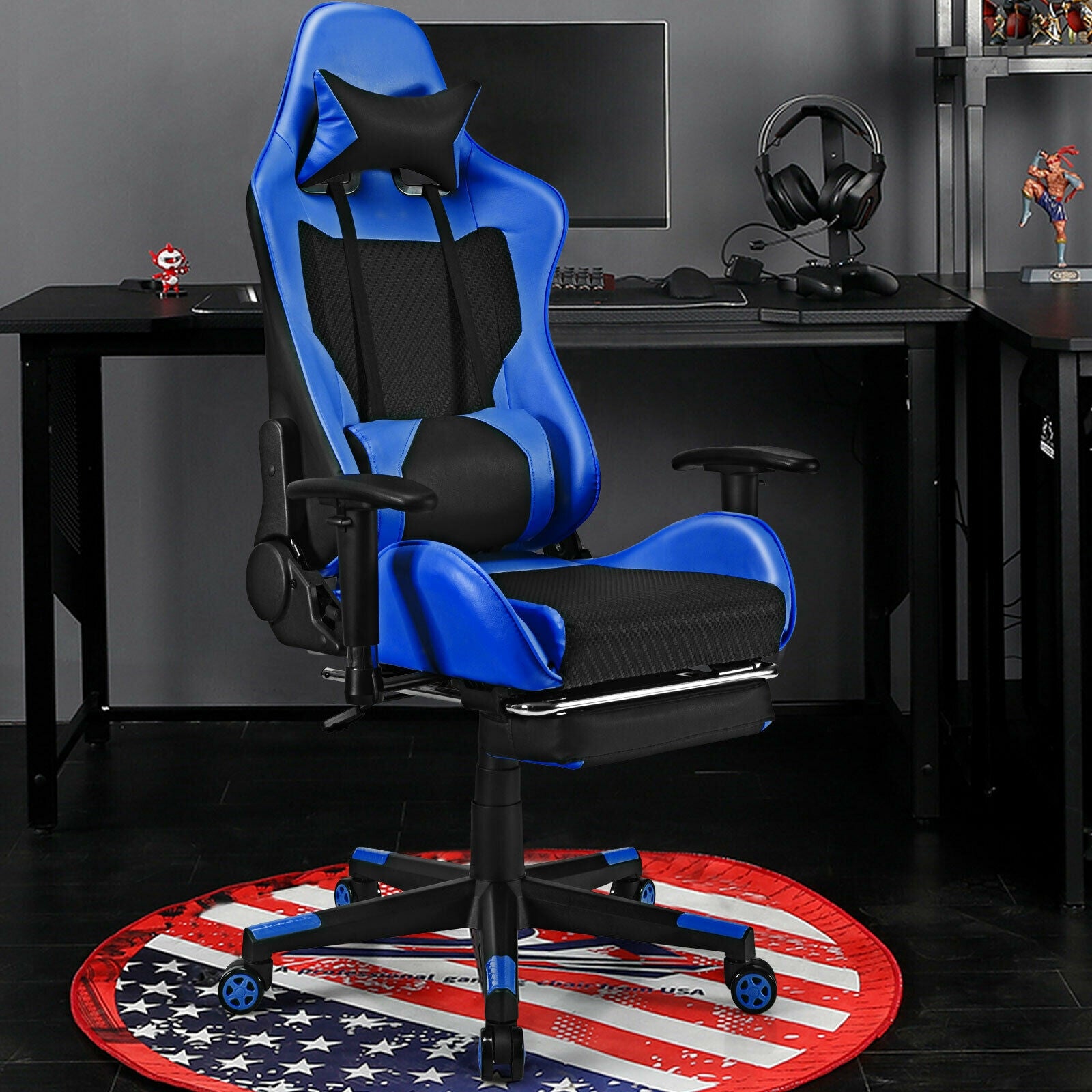 PU Leather Gaming Chair with USB Massage Lumbar Pillow and Footrest-BlueÂ