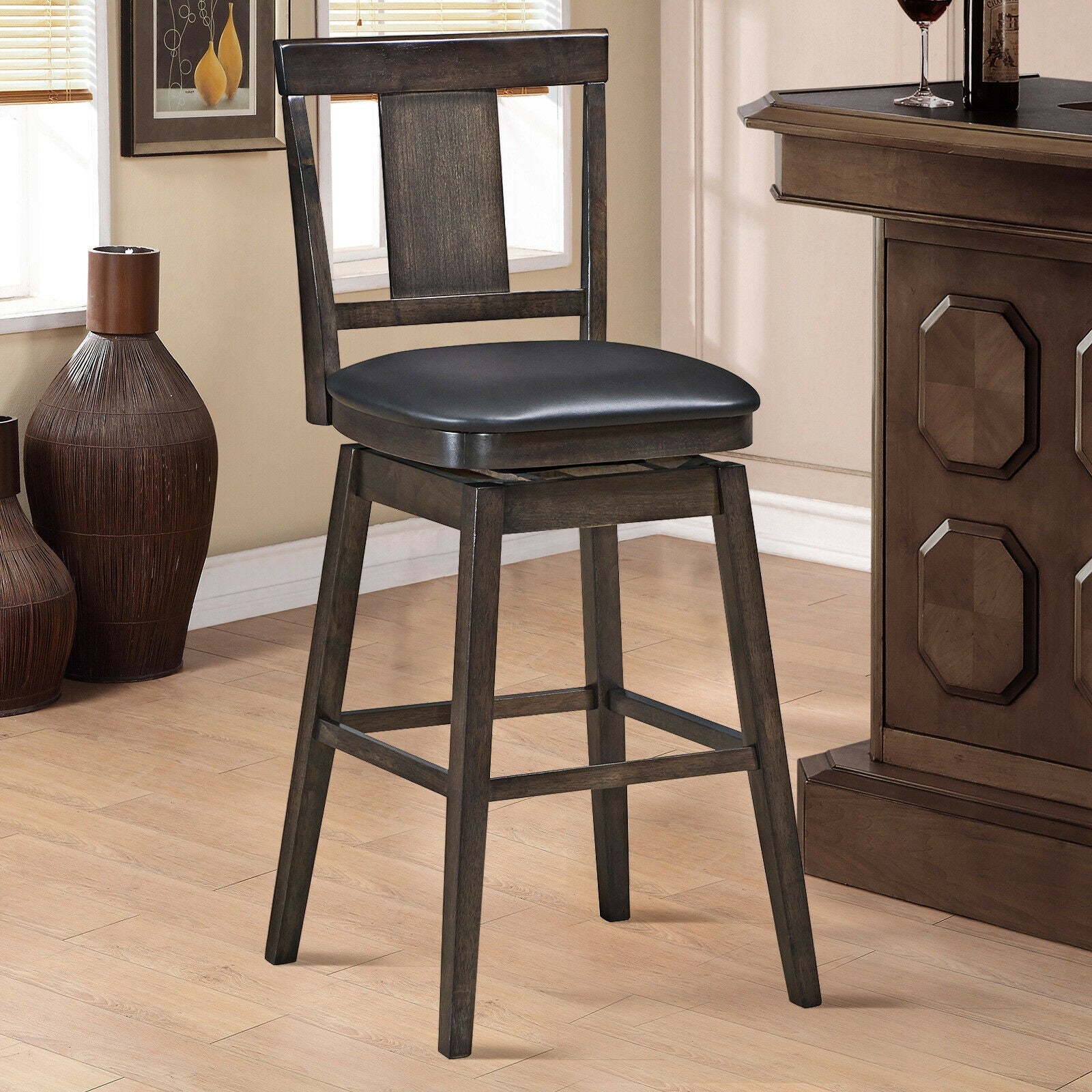 29 inch Swivel Upholstered Counter Height Bar Stool with Rubber Wood LegsÂ