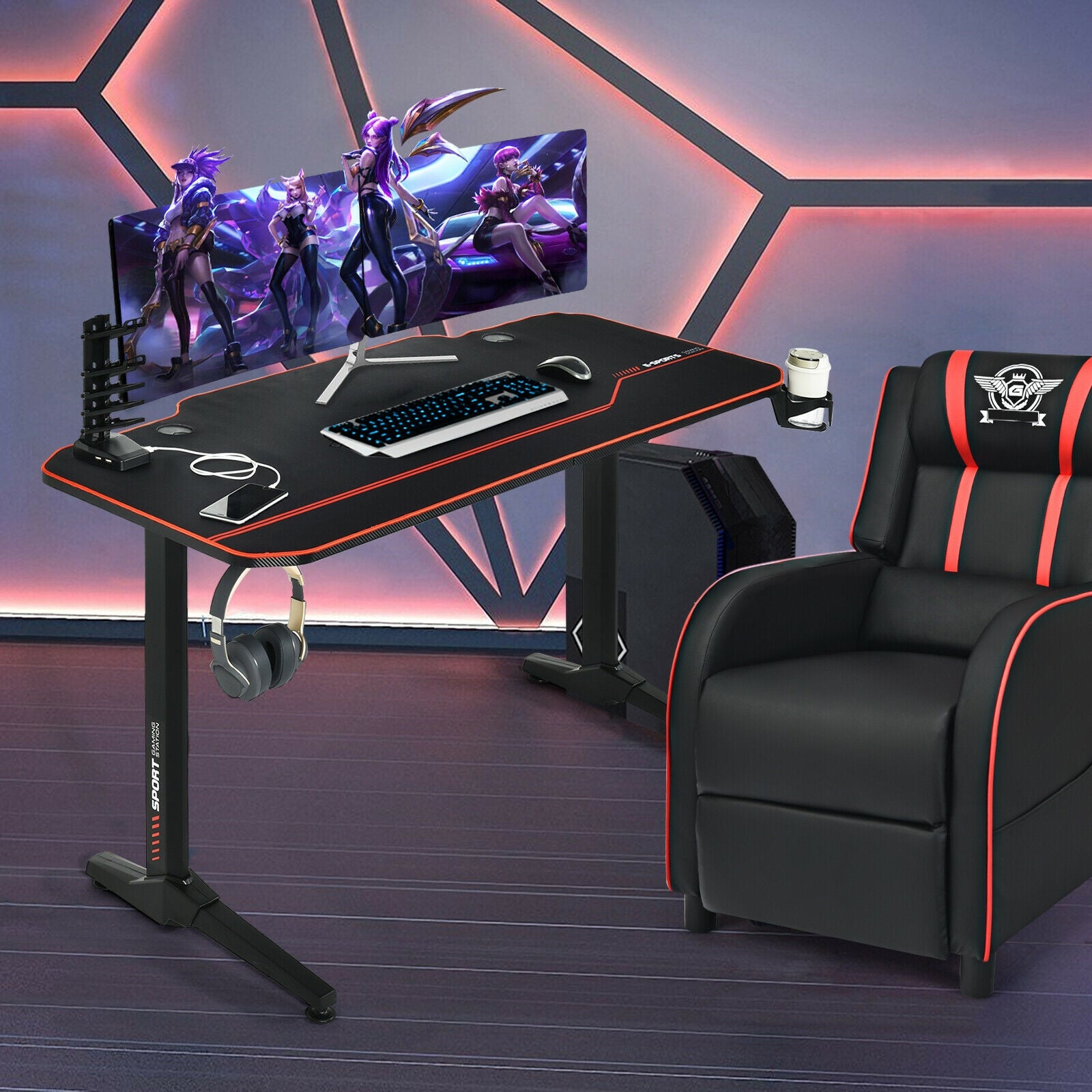 55 Inch Gaming Desk with Free Mouse Pad with Carbon Fiber SurfaceÂ