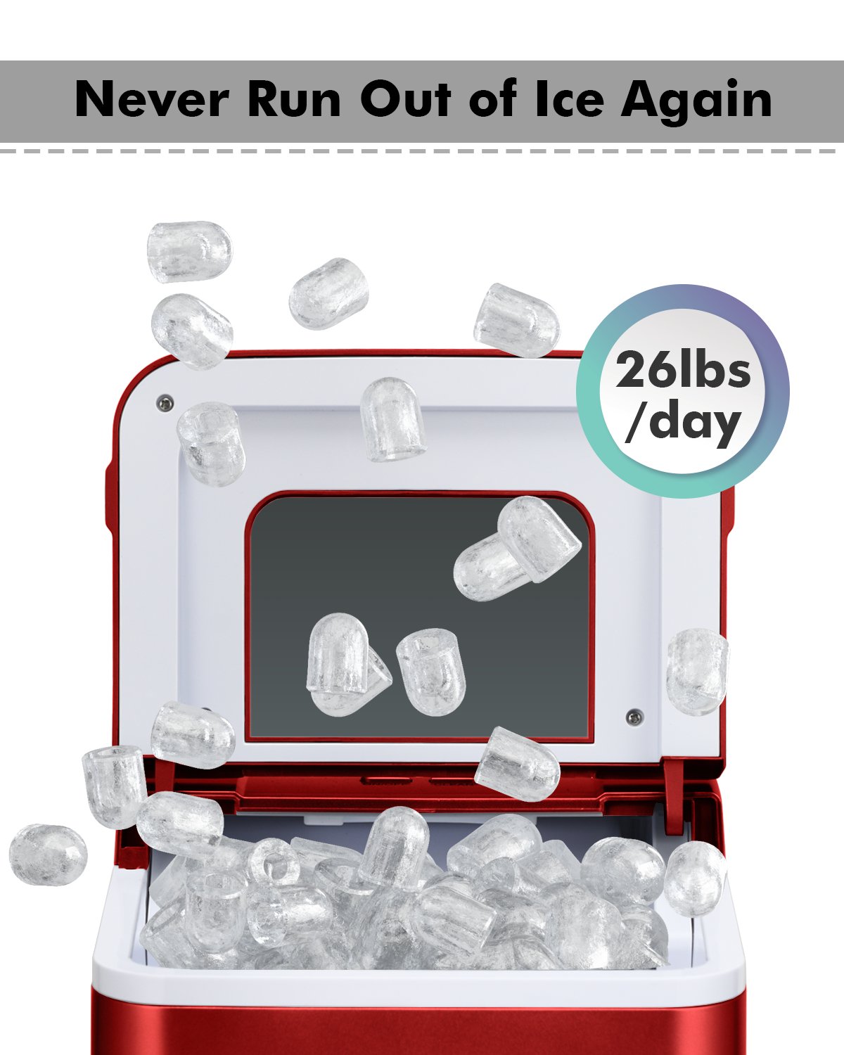 26lbs/24h Portable Countertop Ice Maker Machine with Scoop 9 Ice Cubes Ready in 8 minutes-RedÂ