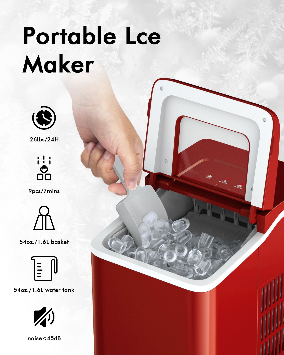 26lbs/24h Portable Countertop Ice Maker Machine with Scoop 9 Ice Cubes Ready in 8 minutes-RedÂ