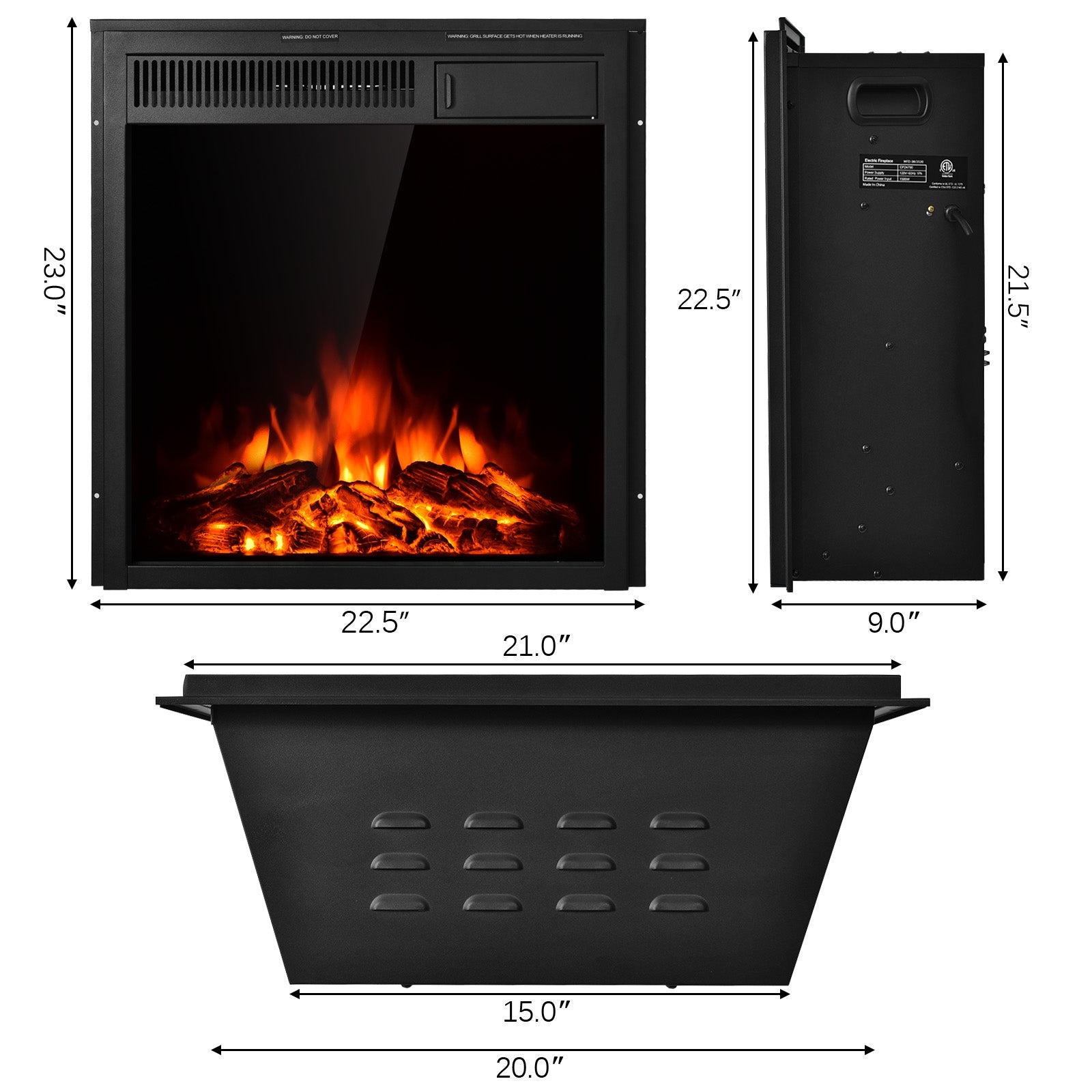 22.5 Inch Electric Fireplace Insert Freestanding and Recessed HeaterÂ
