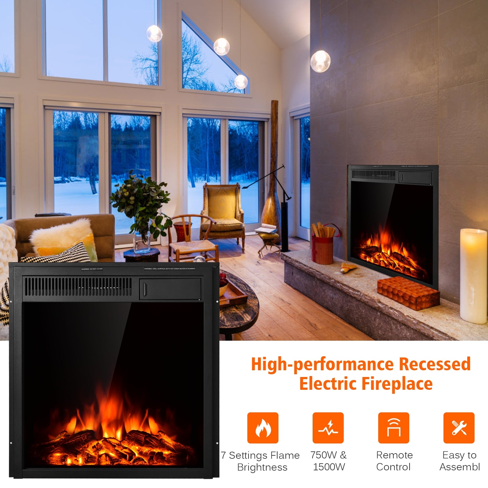 22.5 Inch Electric Fireplace Insert Freestanding and Recessed HeaterÂ