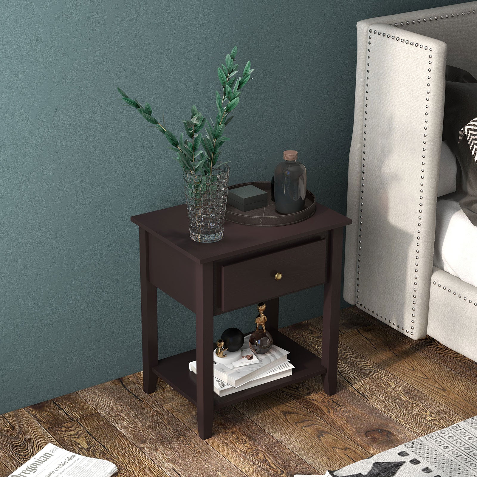 Nightstand with Drawer and Storage Shelf for Bedroom Living Room-Dark BrownÂ