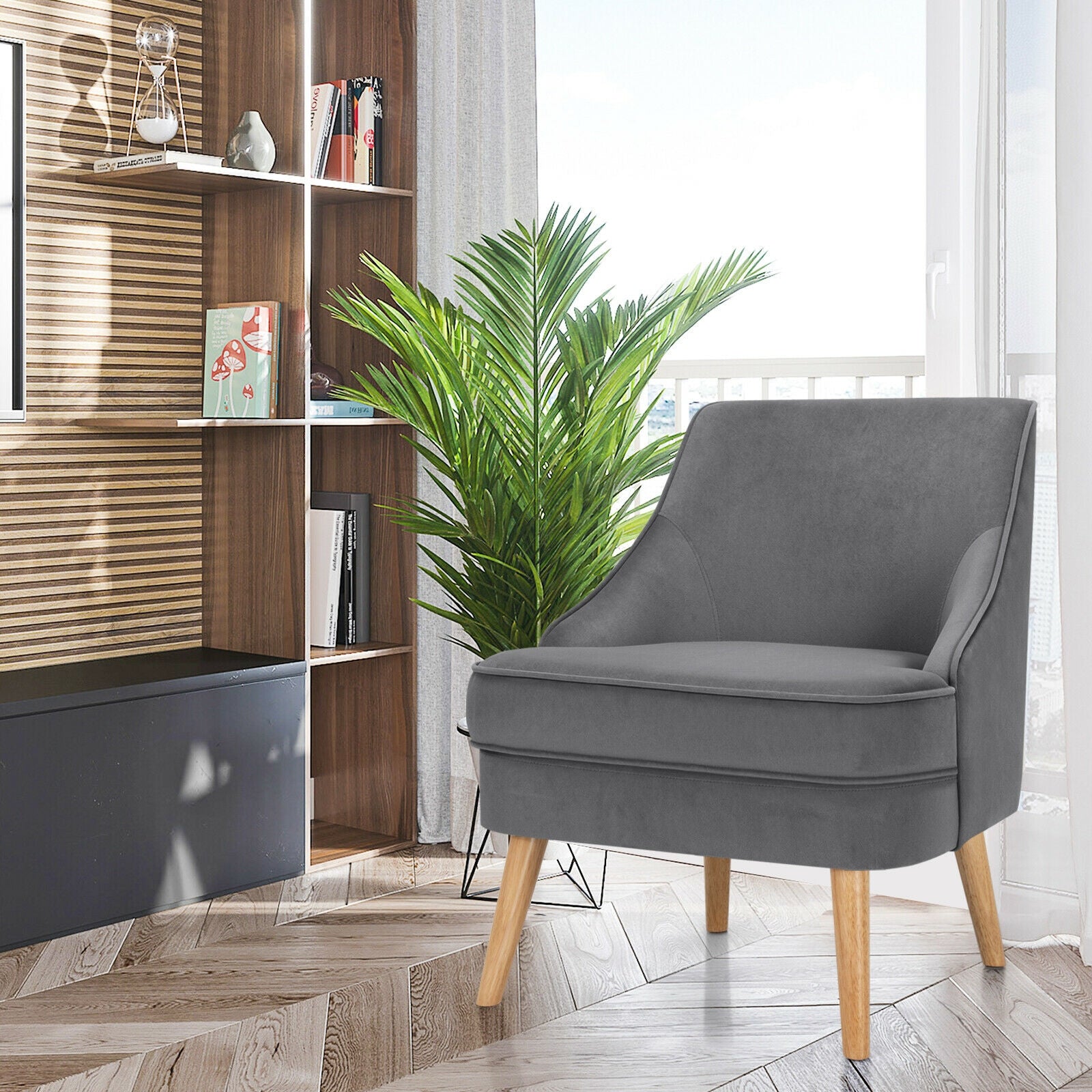 Mid Century Velvet Accent Chair with Rubber Wood Legs for Bedroom-GrayÂ