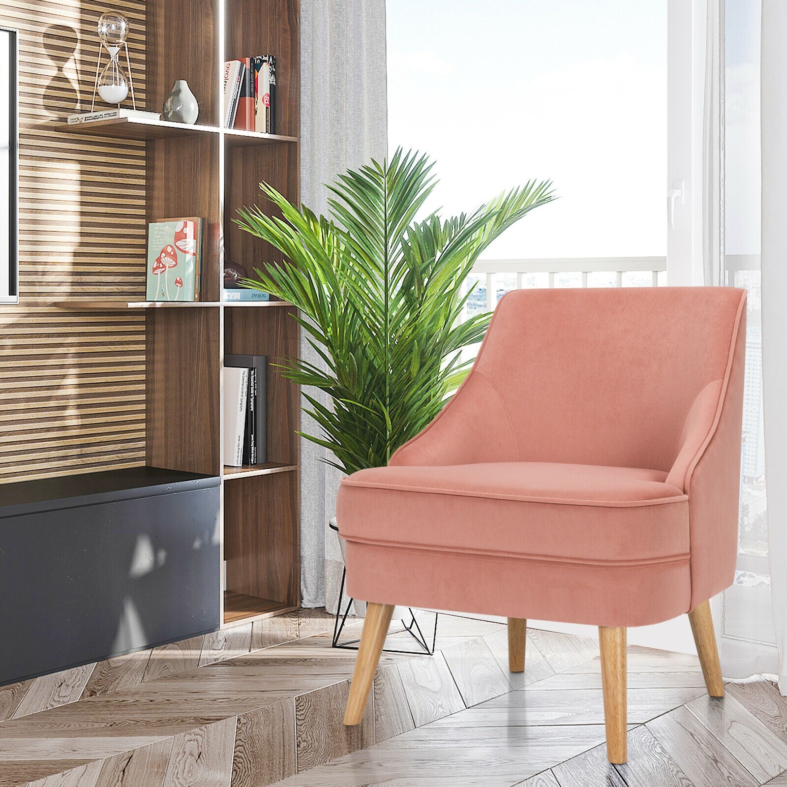 Mid Century Velvet Accent Chair with Rubber Wood Legs for Bedroom-PinkÂ
