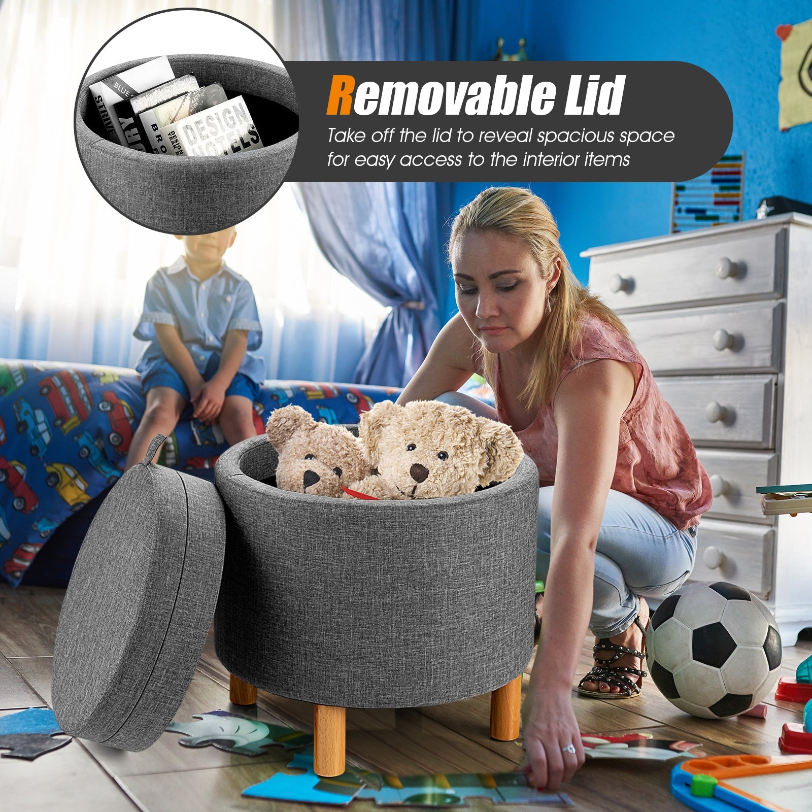 Round Fabric Storage Ottoman with Tray and Non-Slip Pads for Bedroom-GrayÂ