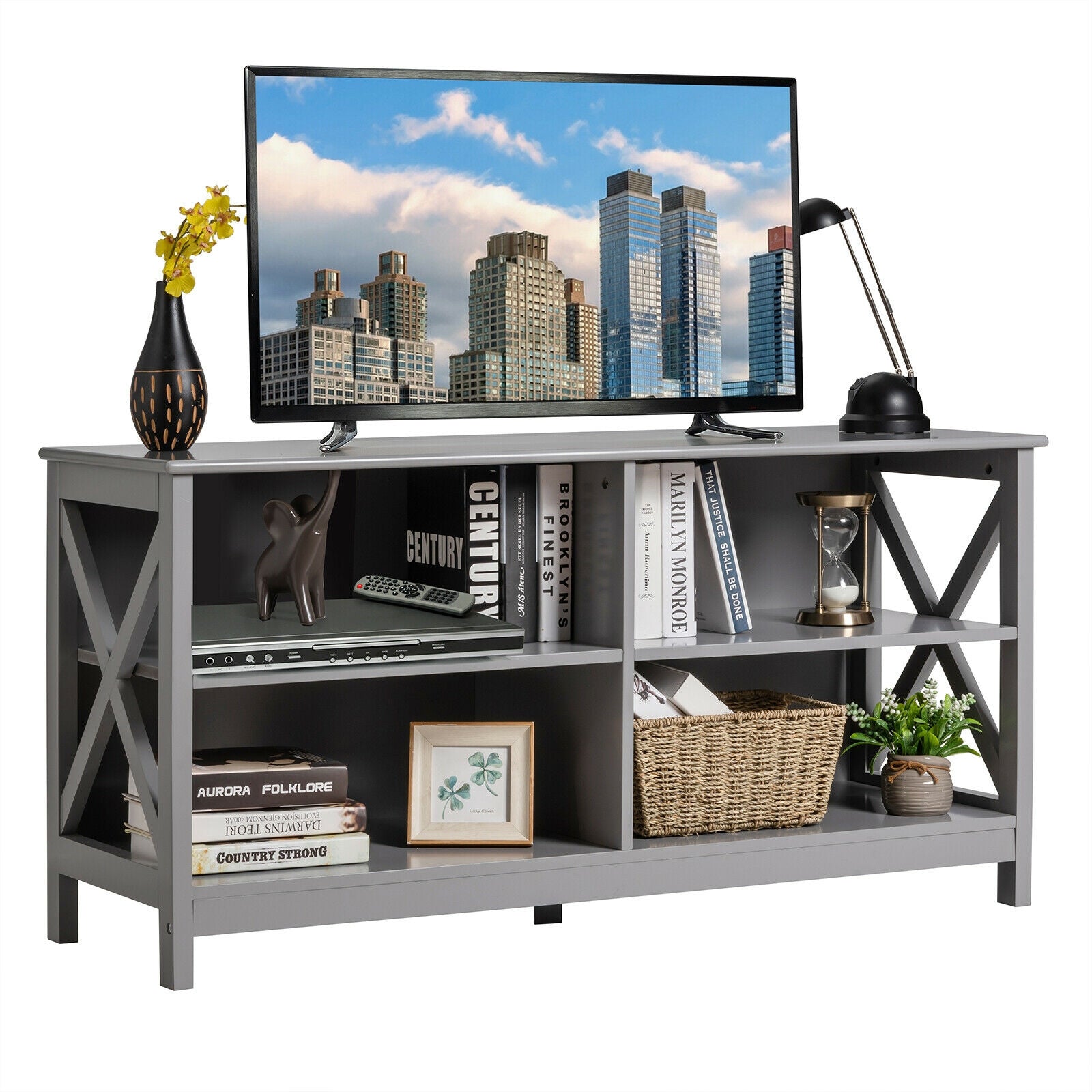 Wooden TV Stand Entertainment Media Center-GrayÂ