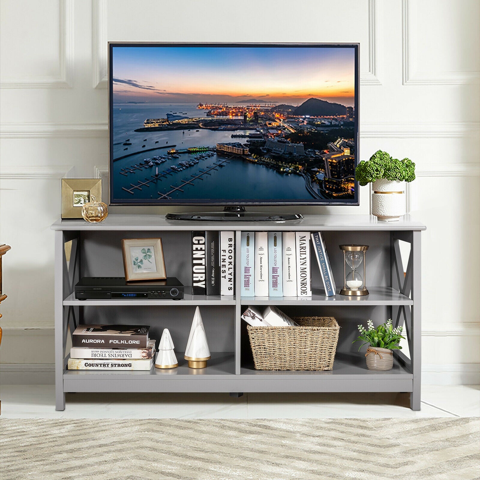 Wooden TV Stand Entertainment Media Center-GrayÂ