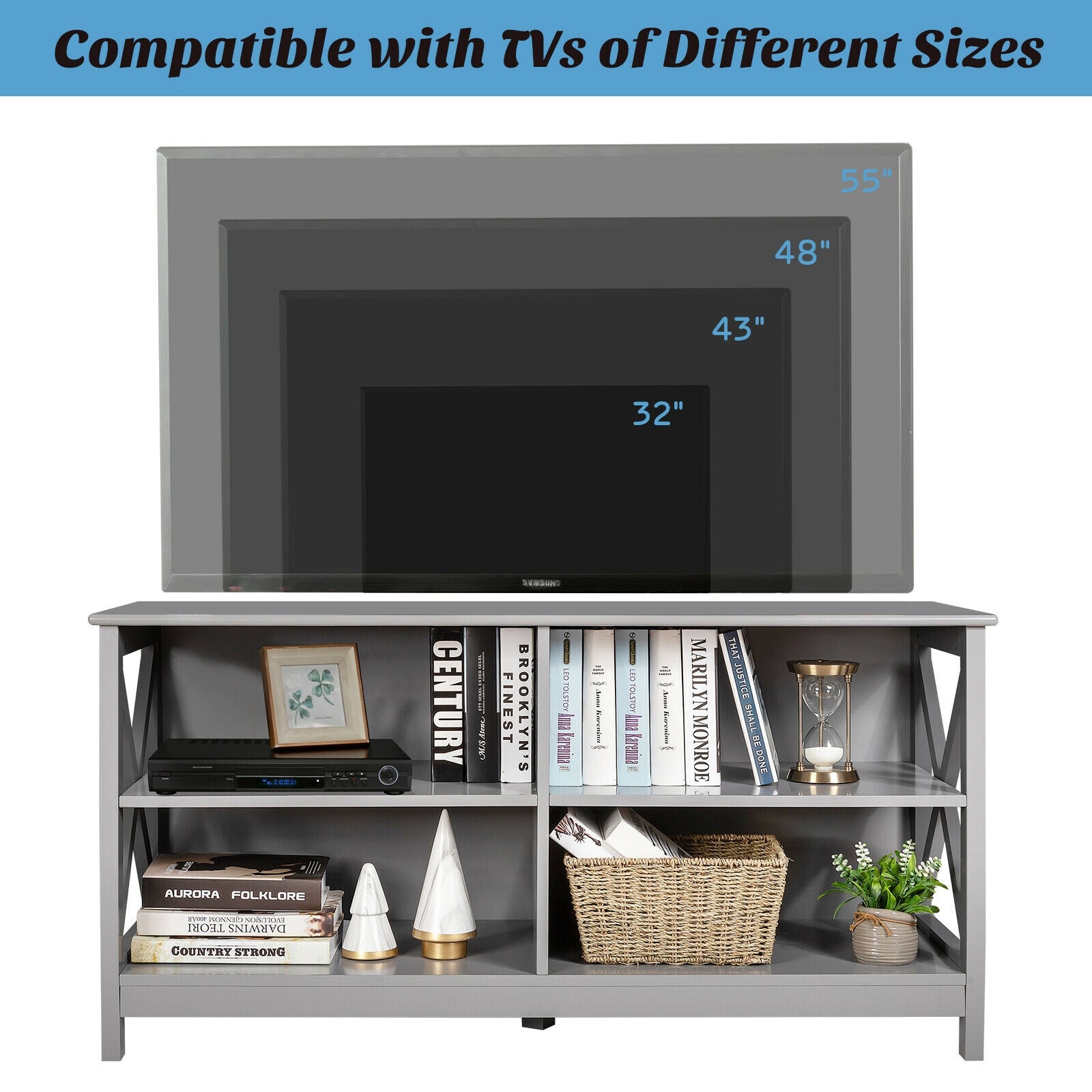 Wooden TV Stand Entertainment Media Center-GrayÂ