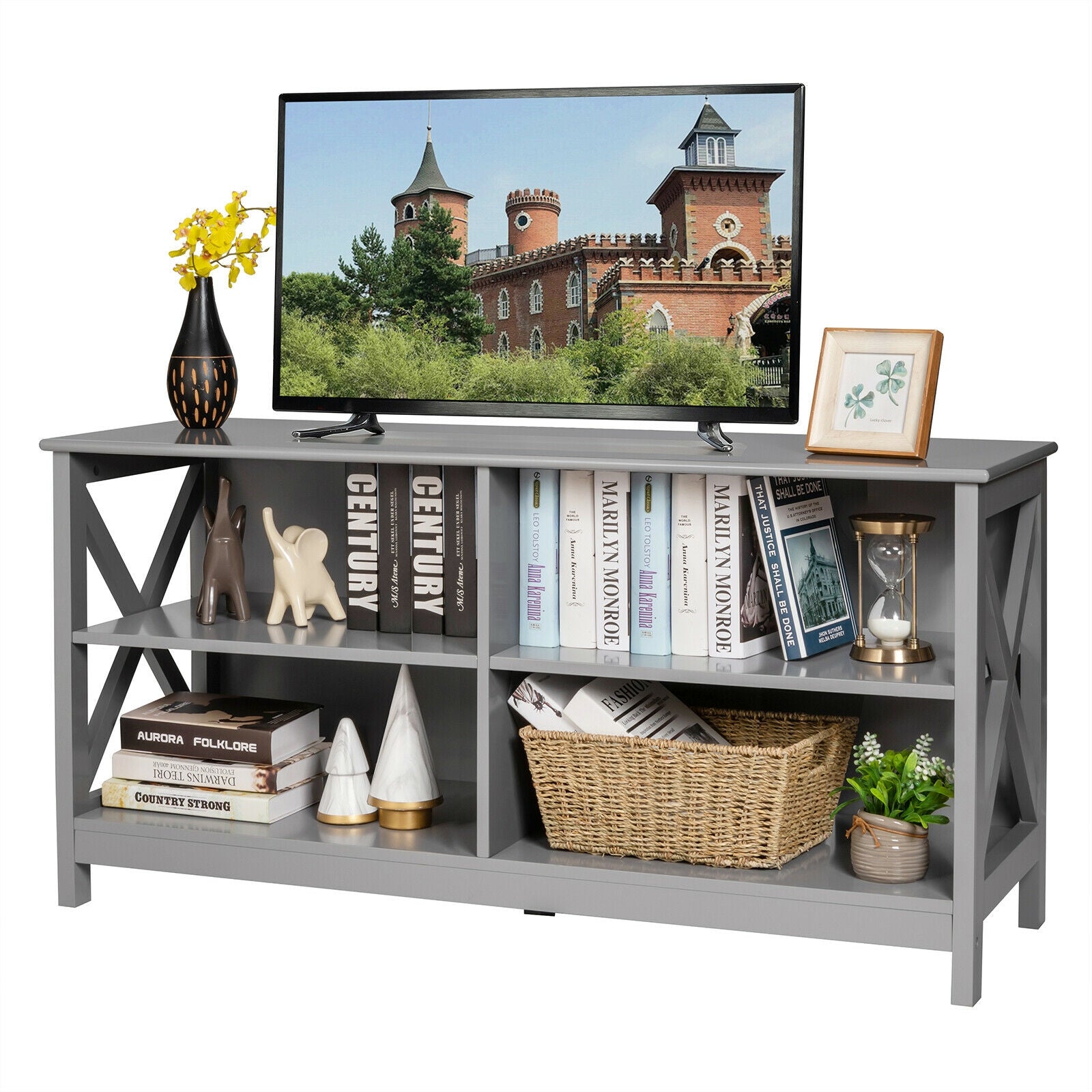 Wooden TV Stand Entertainment Media Center-GrayÂ