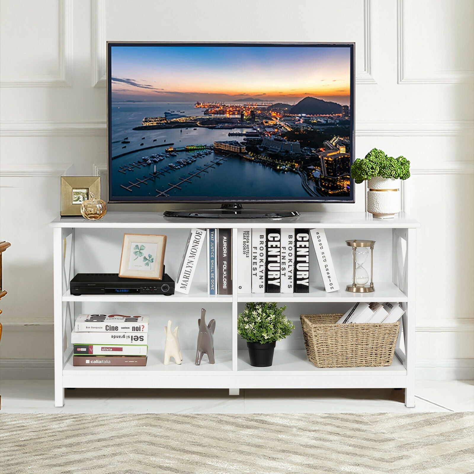 Wooden TV Stand Entertainment Media Center-WhiteÂ