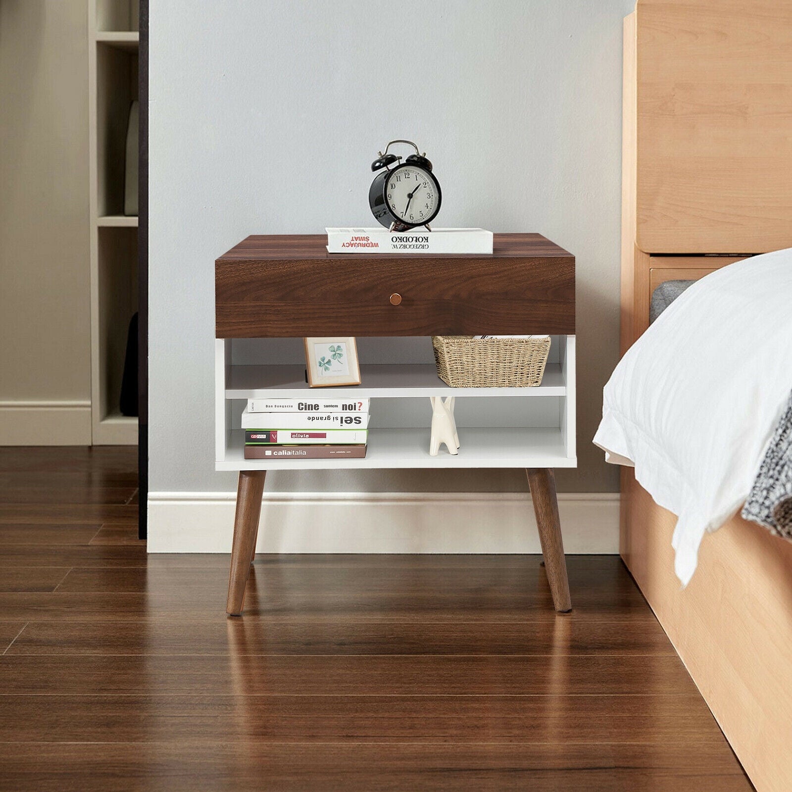 Mid-Century Nightstand with Drawer and Rubber Wood LegsÂ