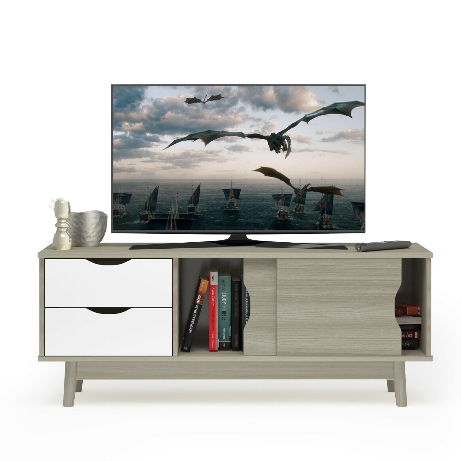 TV Stand for TV up to 60 Inch Media Console Table Storage with Doors-GrayÂ