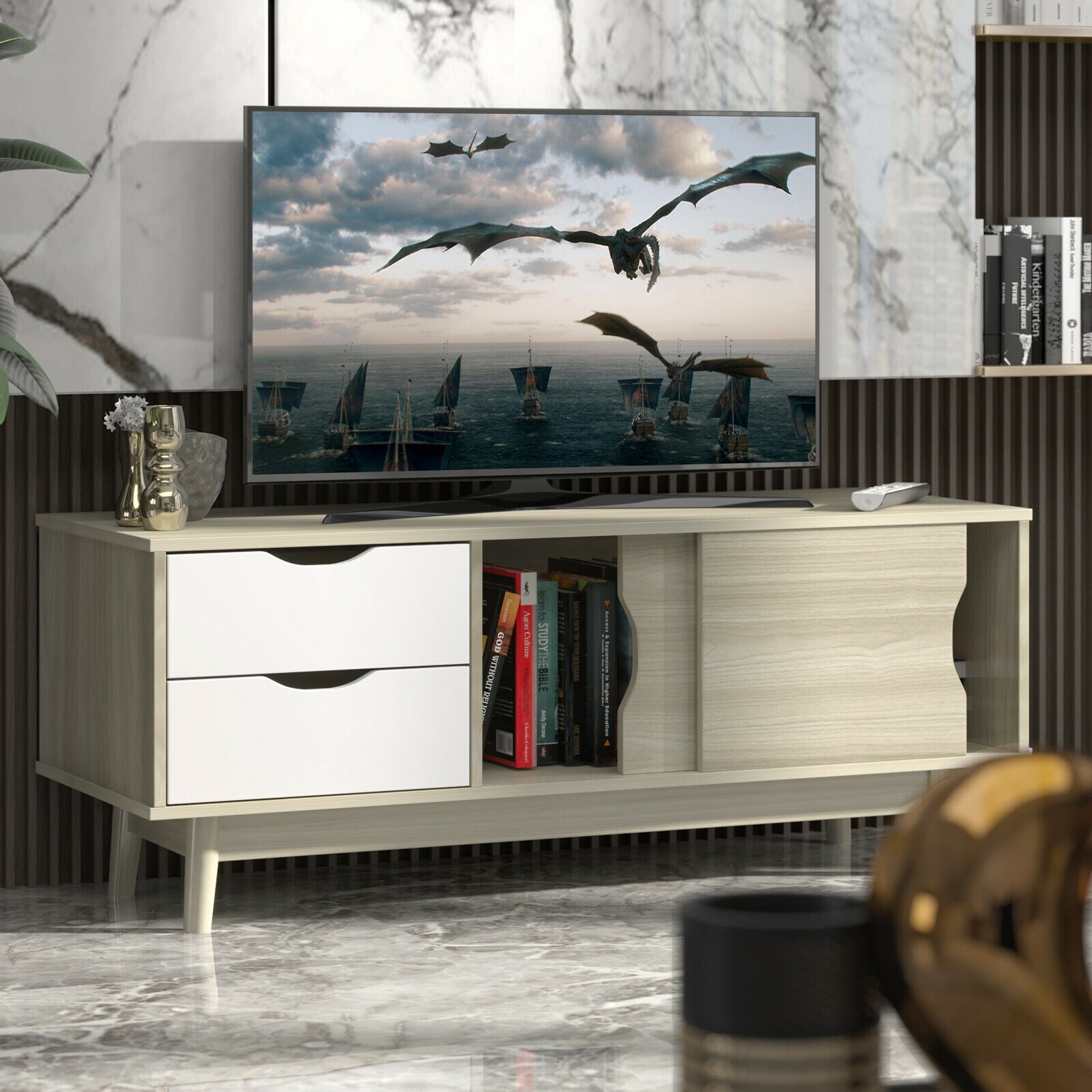 TV Stand for TV up to 60 Inch Media Console Table Storage with Doors-GrayÂ