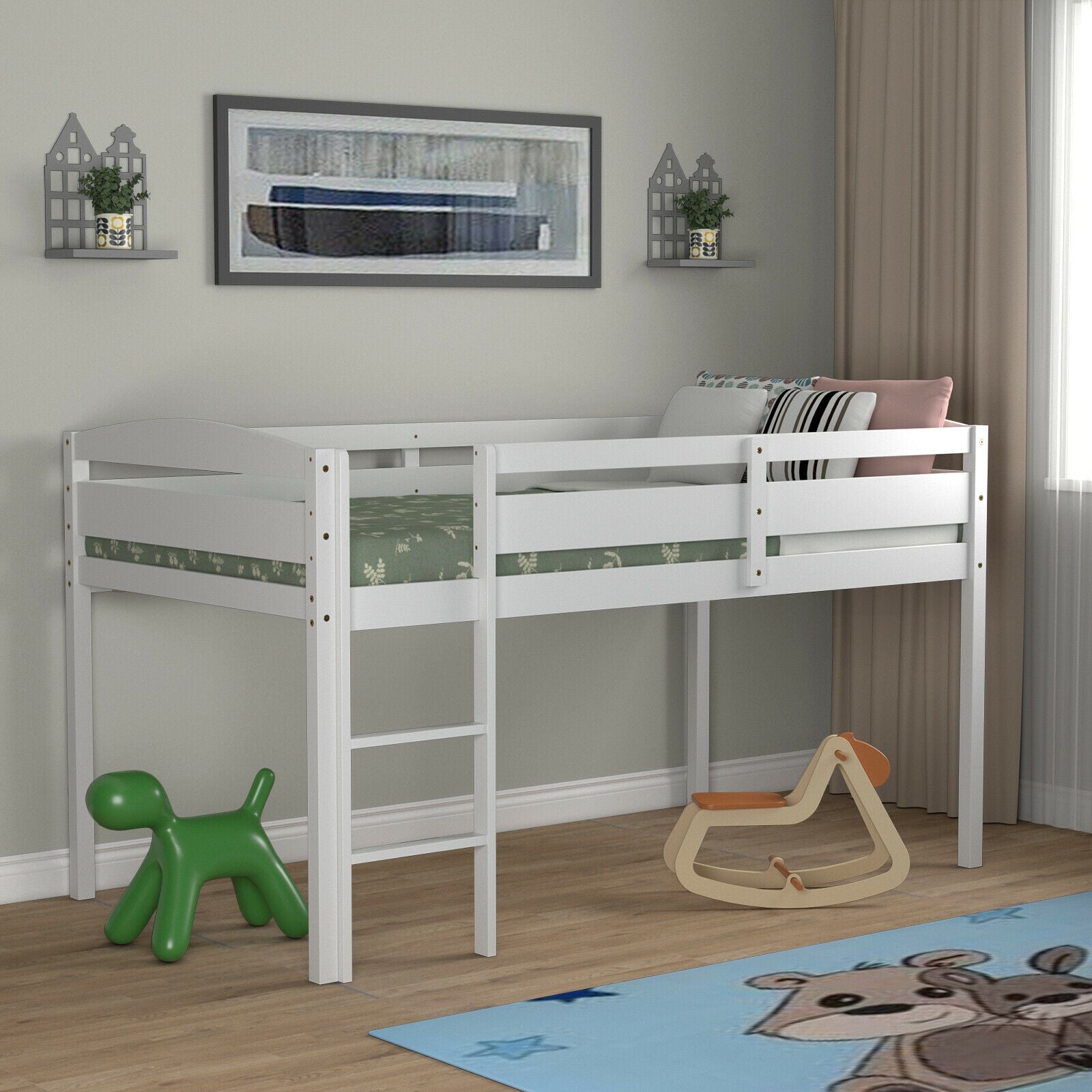Wooden Twin Low Loft Bunk Bed with Guard Rail and Ladder-WhiteÂ