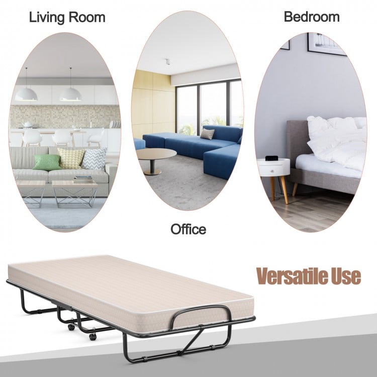 Rollaway Guest Bed with Sturdy Steel Frame and Memory Foam Mattress Made in Italy-Beige