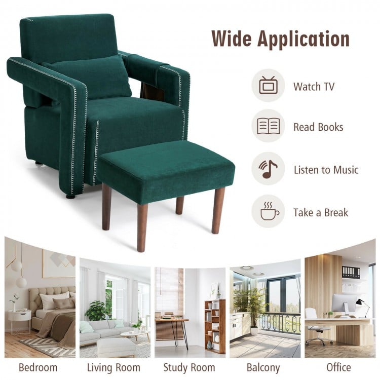 Modern Berber Fleece Single Sofa Chair with Ottoman and Waist Pillow-Green