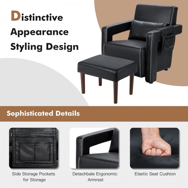 Modern Berber Fleece Single Sofa Chair with Ottoman and Waist Pillow-Black