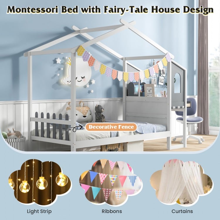 Twin/Full Bed Frame with House Roof Canopy and Fence for Kids-Twin Size