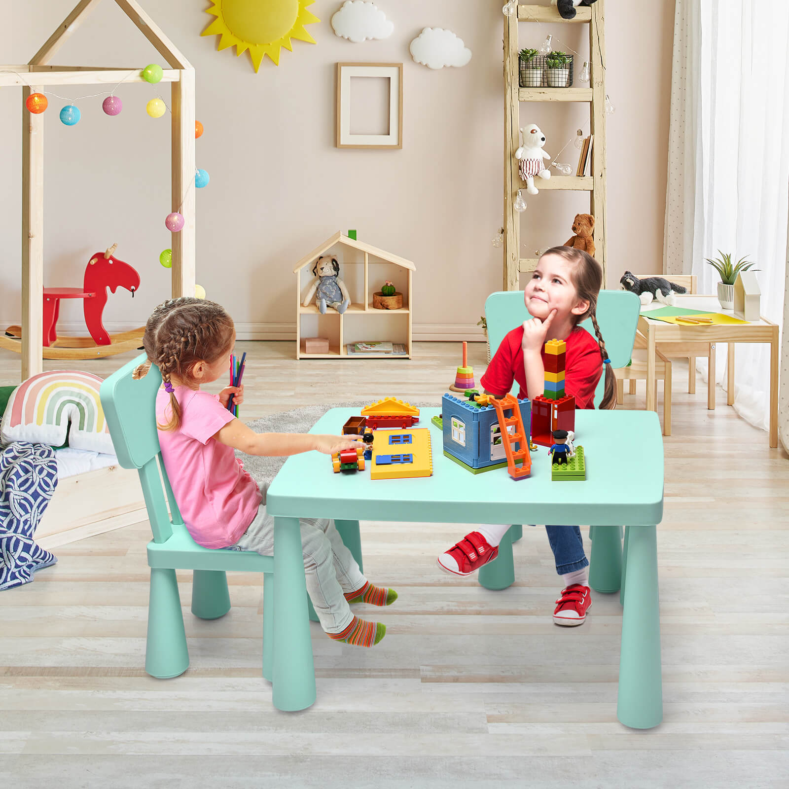 3 Pieces Toddler Multi Activity Play Dining Study Kids Table and Chair Set-GreenÂ