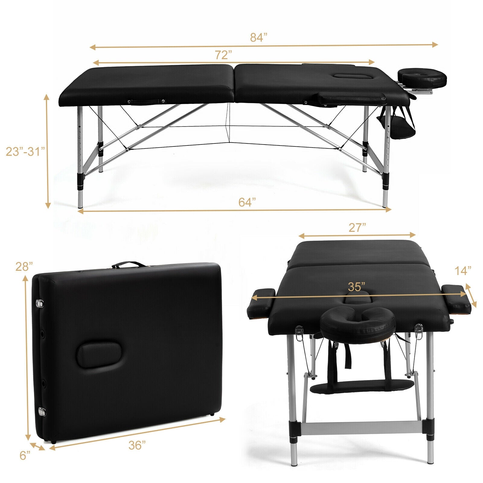 84 Inch L Portable Adjustable Massage Bed with Carry Case for Facial Salon Spa-BlackÂ