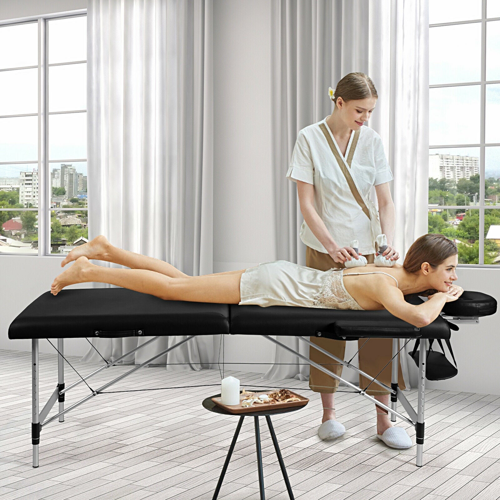 84 Inch L Portable Adjustable Massage Bed with Carry Case for Facial Salon Spa-BlackÂ