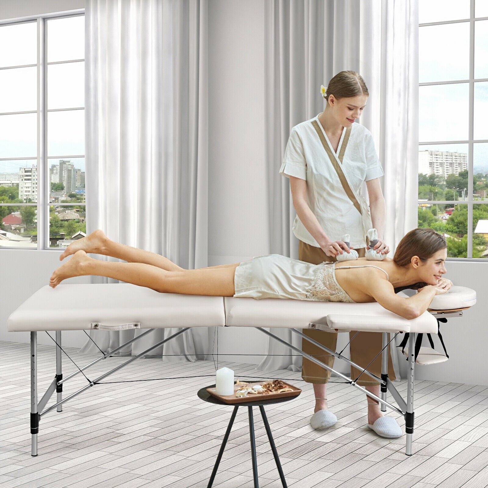 84 Inch L Portable Adjustable Massage Bed with Carry Case for Facial Salon Spa-WhiteÂ