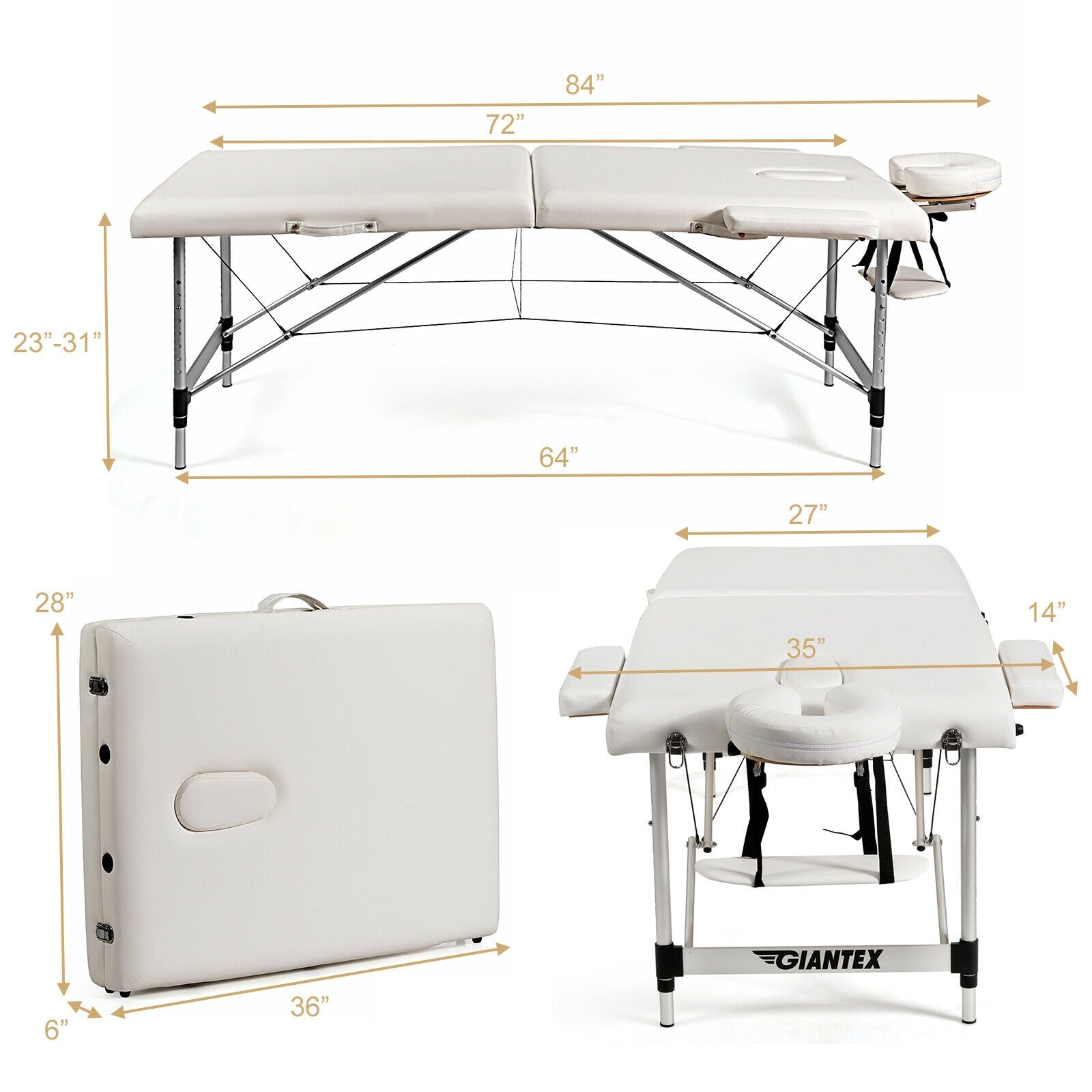 84 Inch L Portable Adjustable Massage Bed with Carry Case for Facial Salon Spa-WhiteÂ