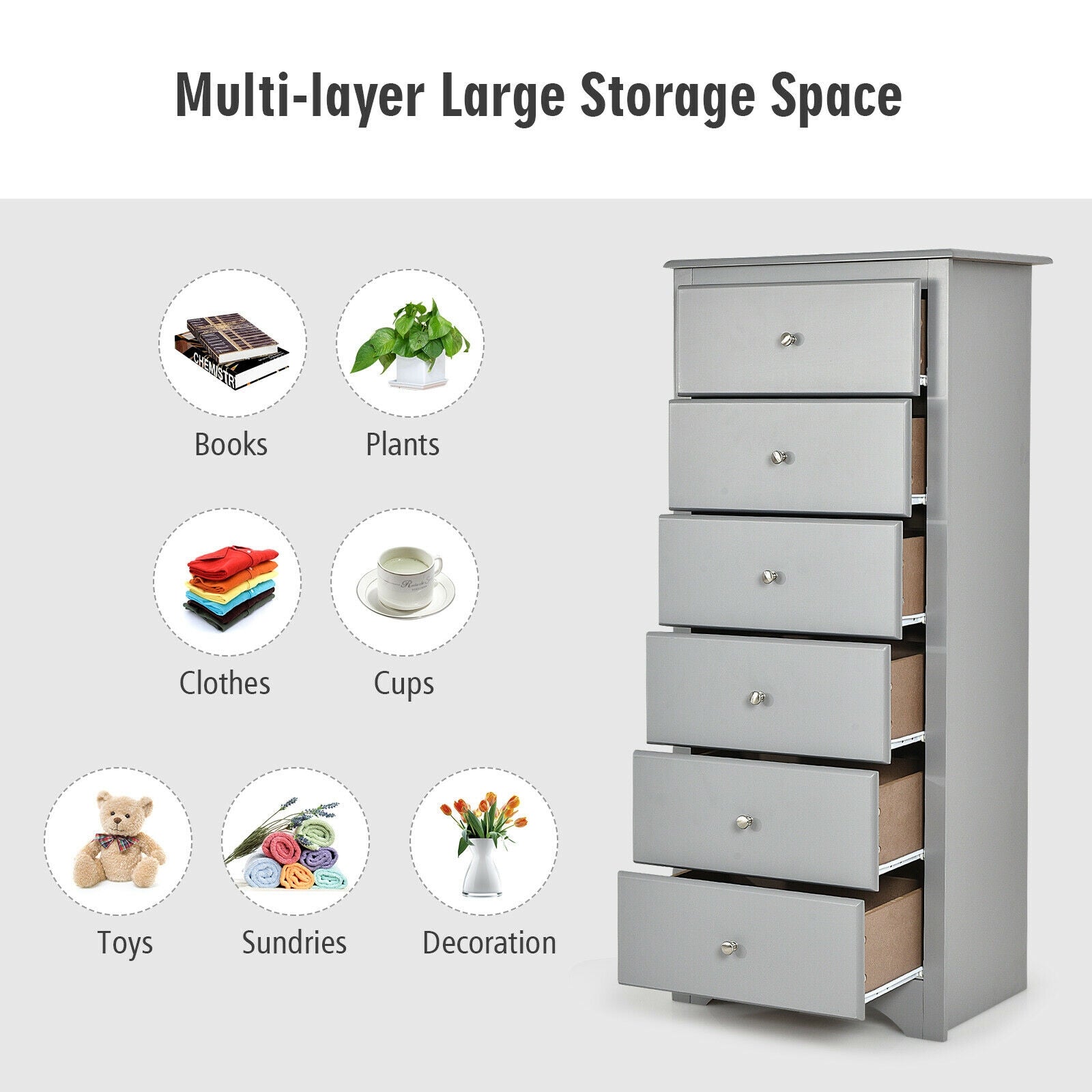 6 Drawers Chest Dresser Clothes Storage Bedroom Furniture Cabinet-GrayÂ