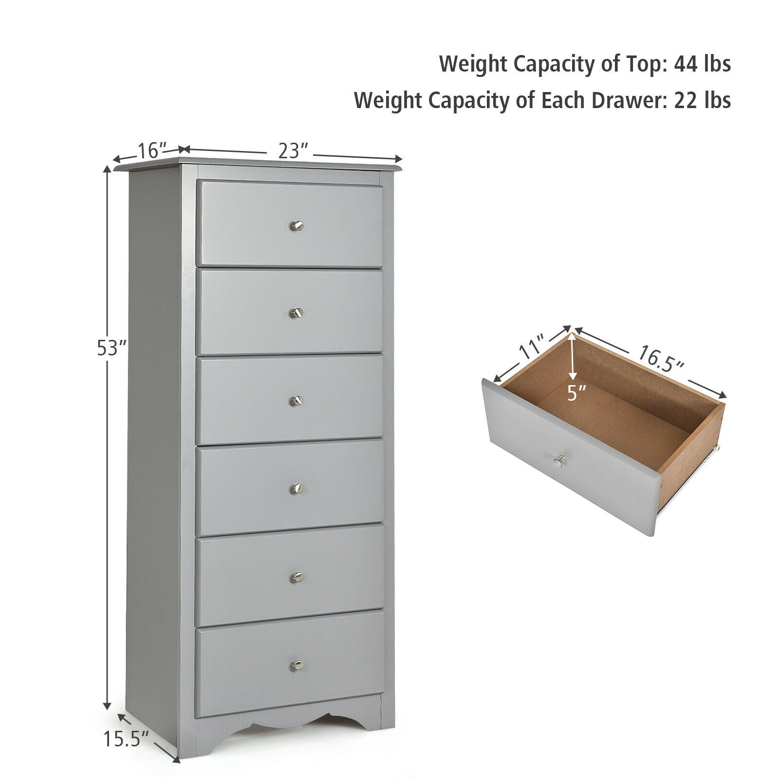 6 Drawers Chest Dresser Clothes Storage Bedroom Furniture Cabinet-GrayÂ