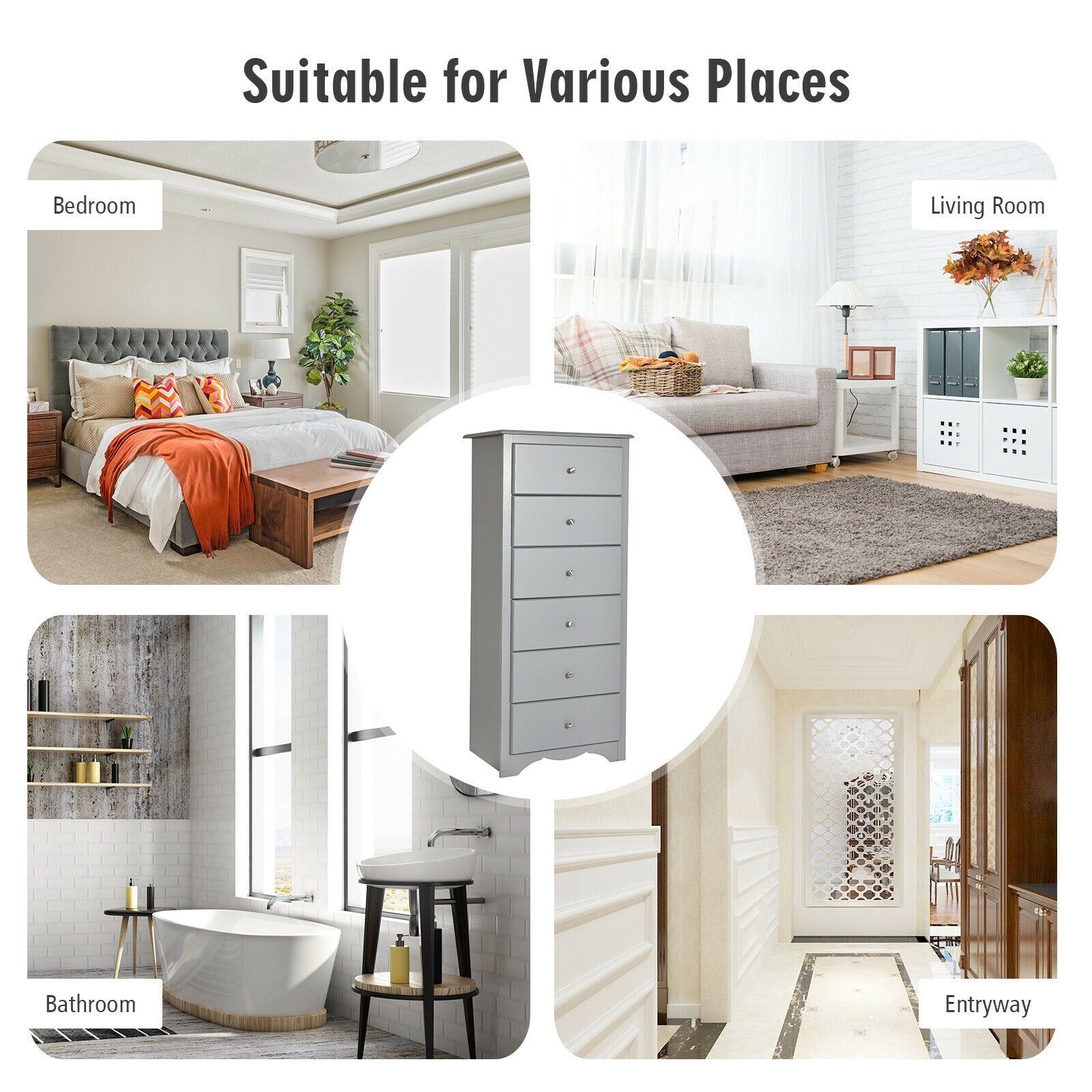 6 Drawers Chest Dresser Clothes Storage Bedroom Furniture Cabinet-GrayÂ