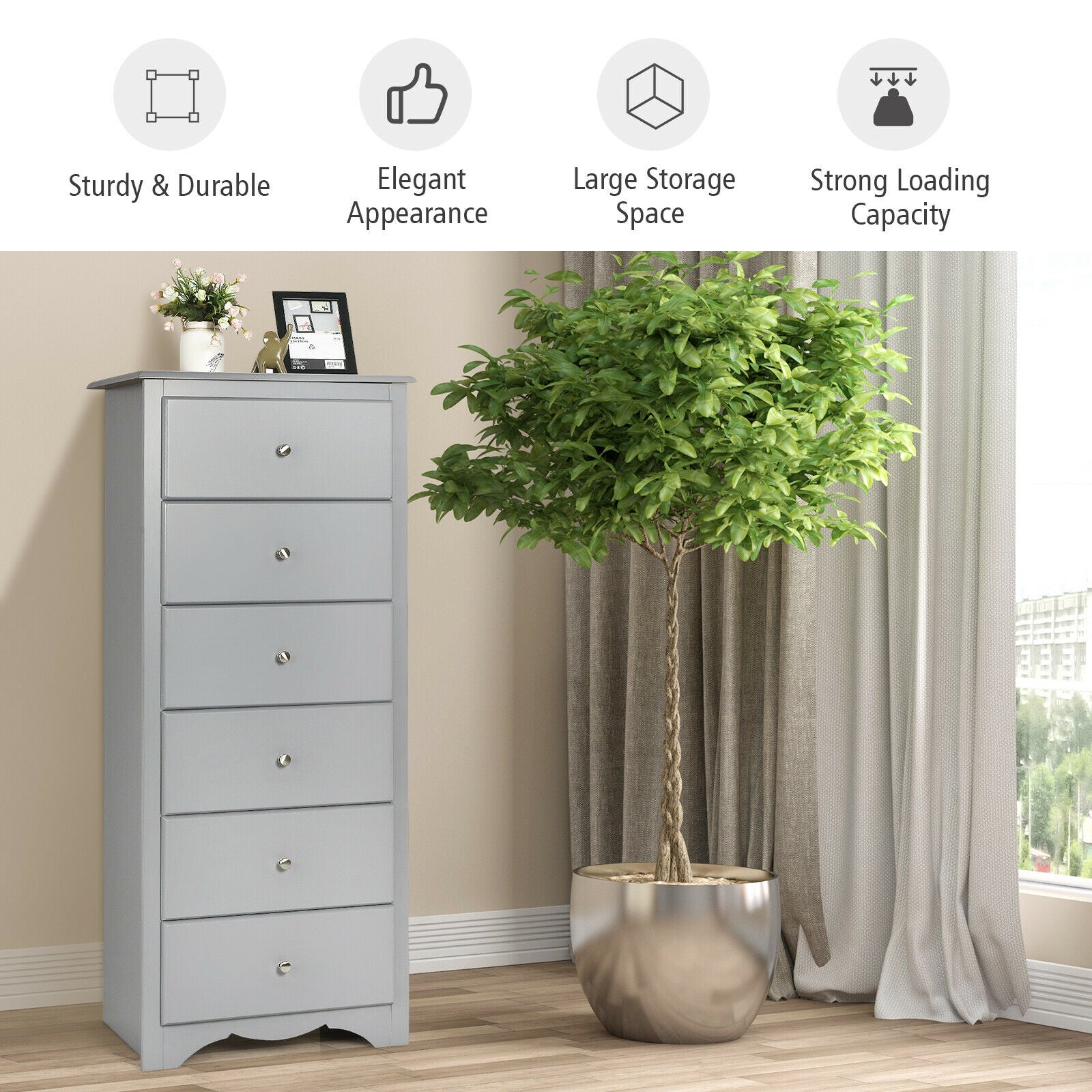6 Drawers Chest Dresser Clothes Storage Bedroom Furniture Cabinet-GrayÂ