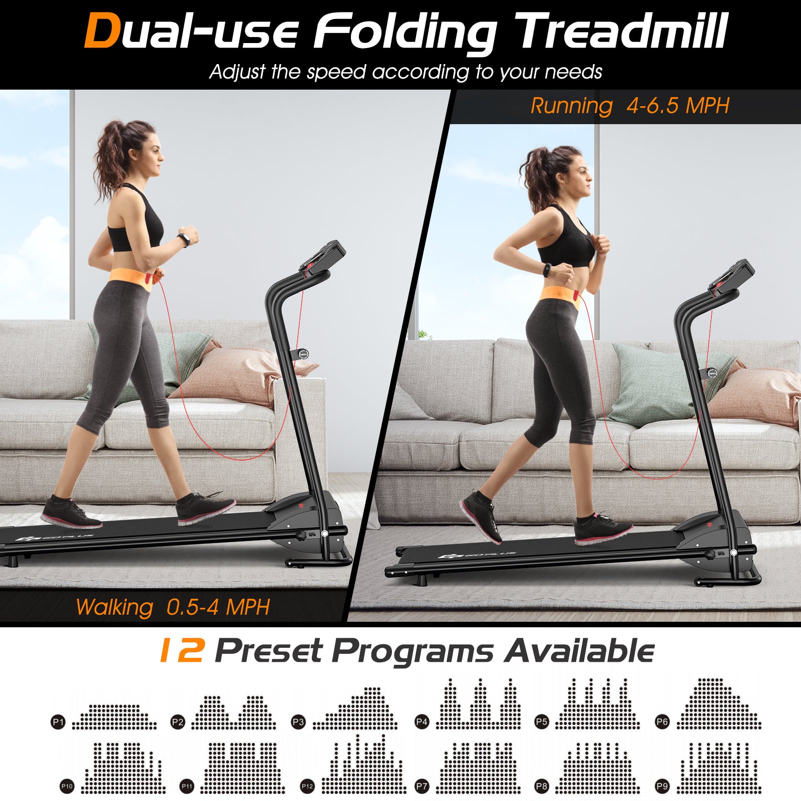 1 HP Electric Mobile Power Foldable Treadmill with Operation DisplayÂ