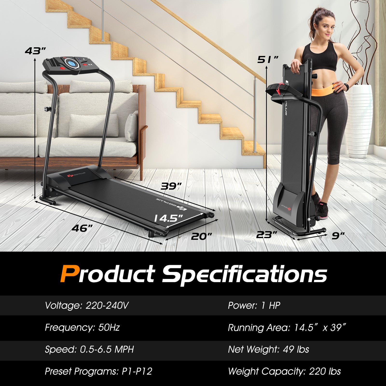 1 HP Electric Mobile Power Foldable Treadmill with Operation DisplayÂ