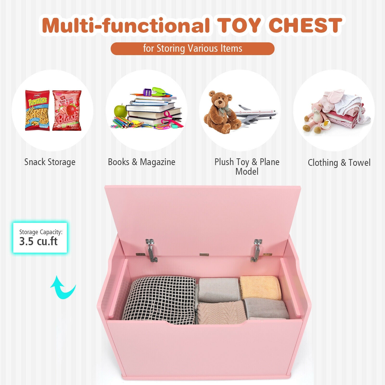 Kids Toy Wooden Flip-top Storage Box Chest Bench with Cushion Hinge-Pink